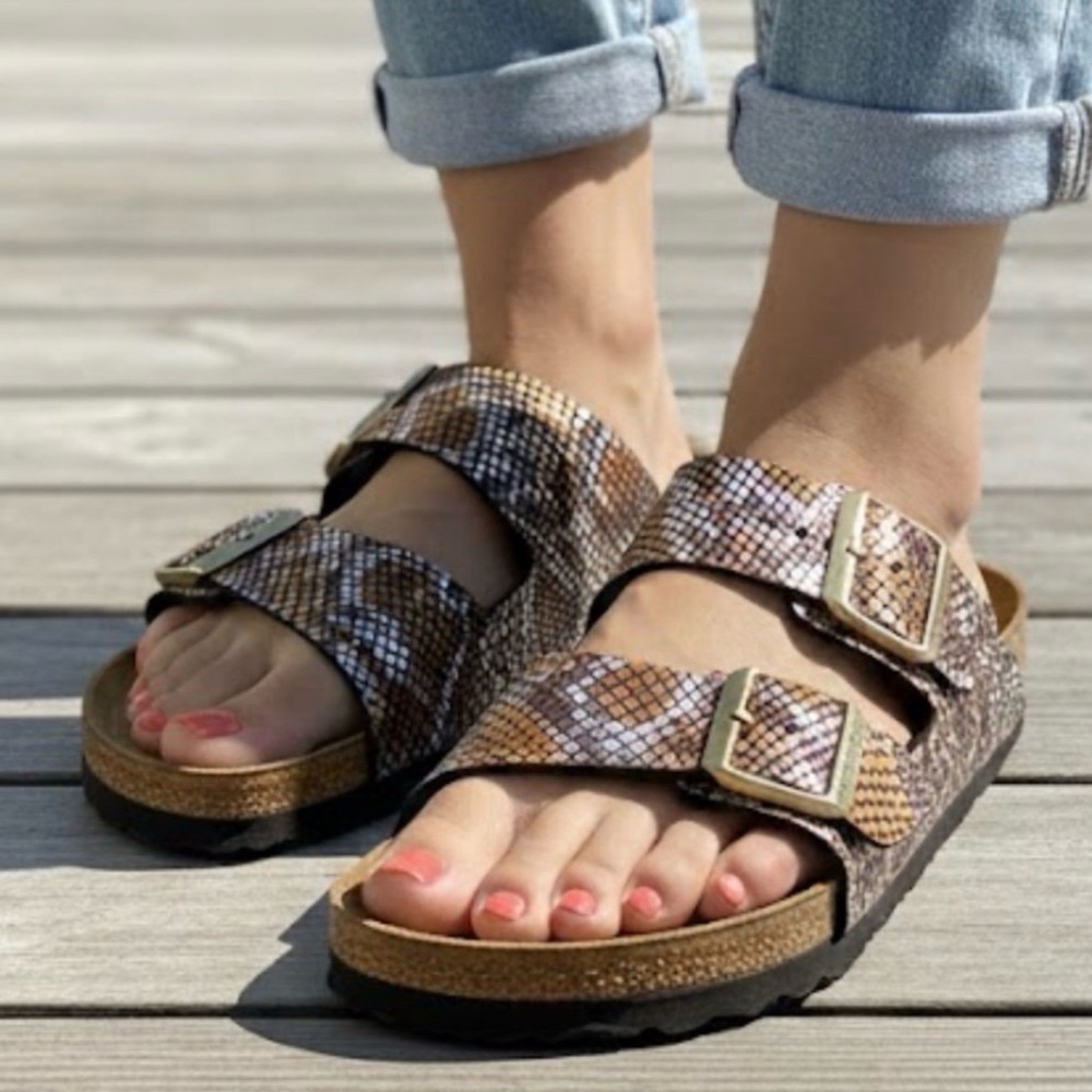 Birkenstock Arizona Gizeh Shiny Snake Animal Print Python Sandals